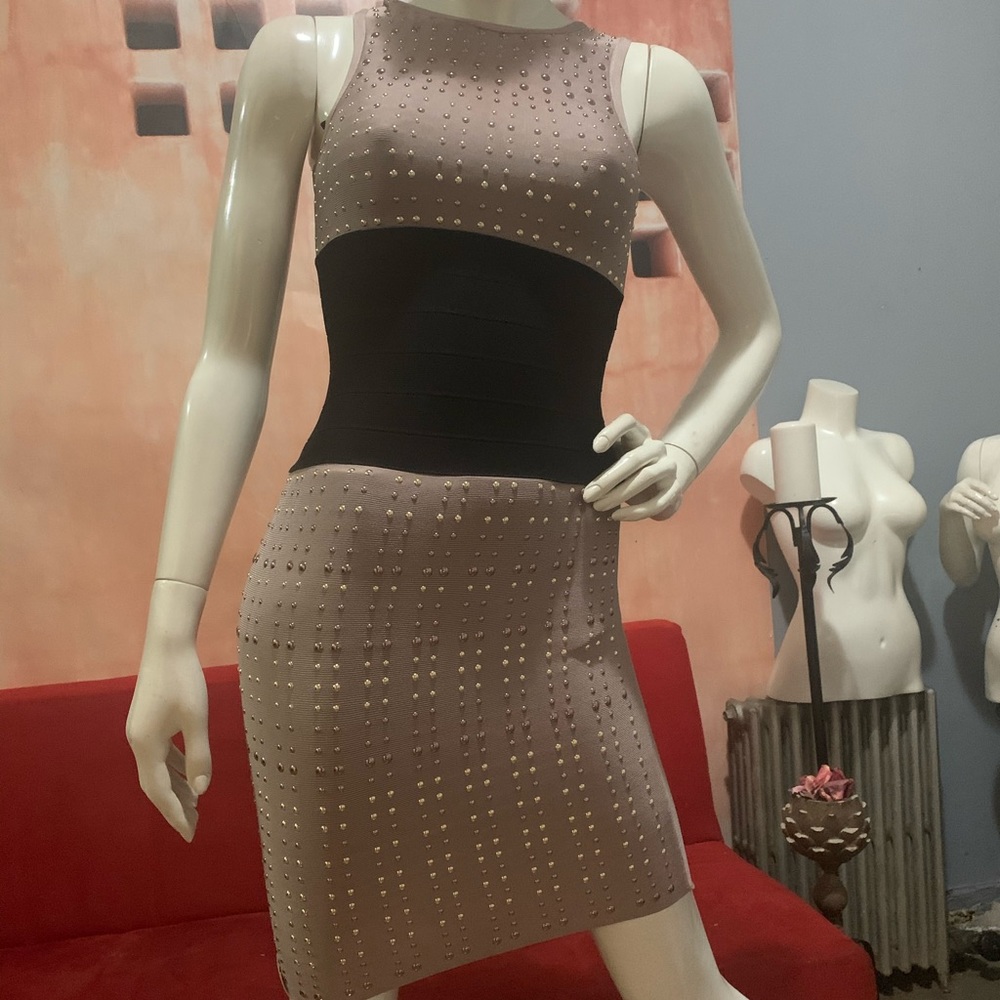 Bebé bandage black and beige embellished dress